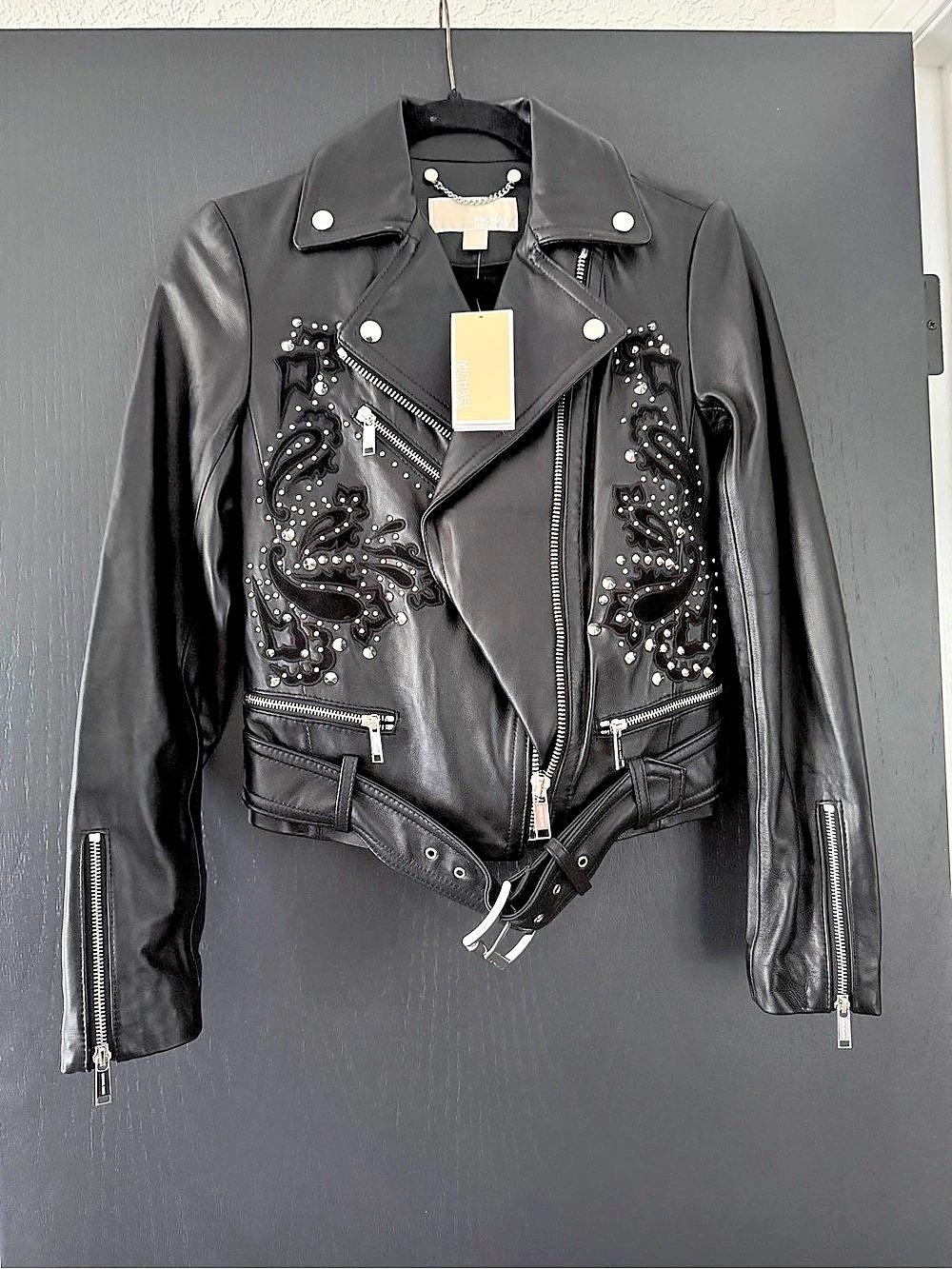 Michael Kors Embroidered Leather Moto Jacket Black